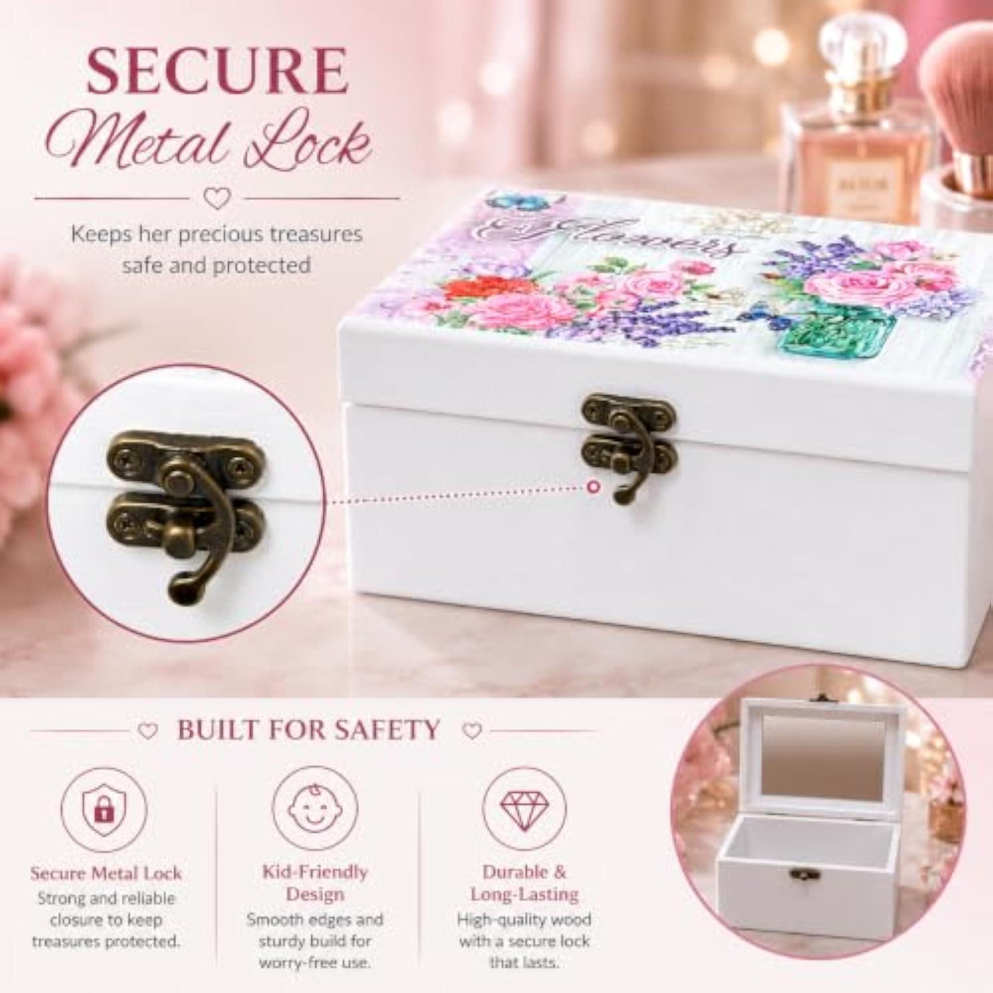 Wooden Jewelry Box with Mirror & Lock for Women